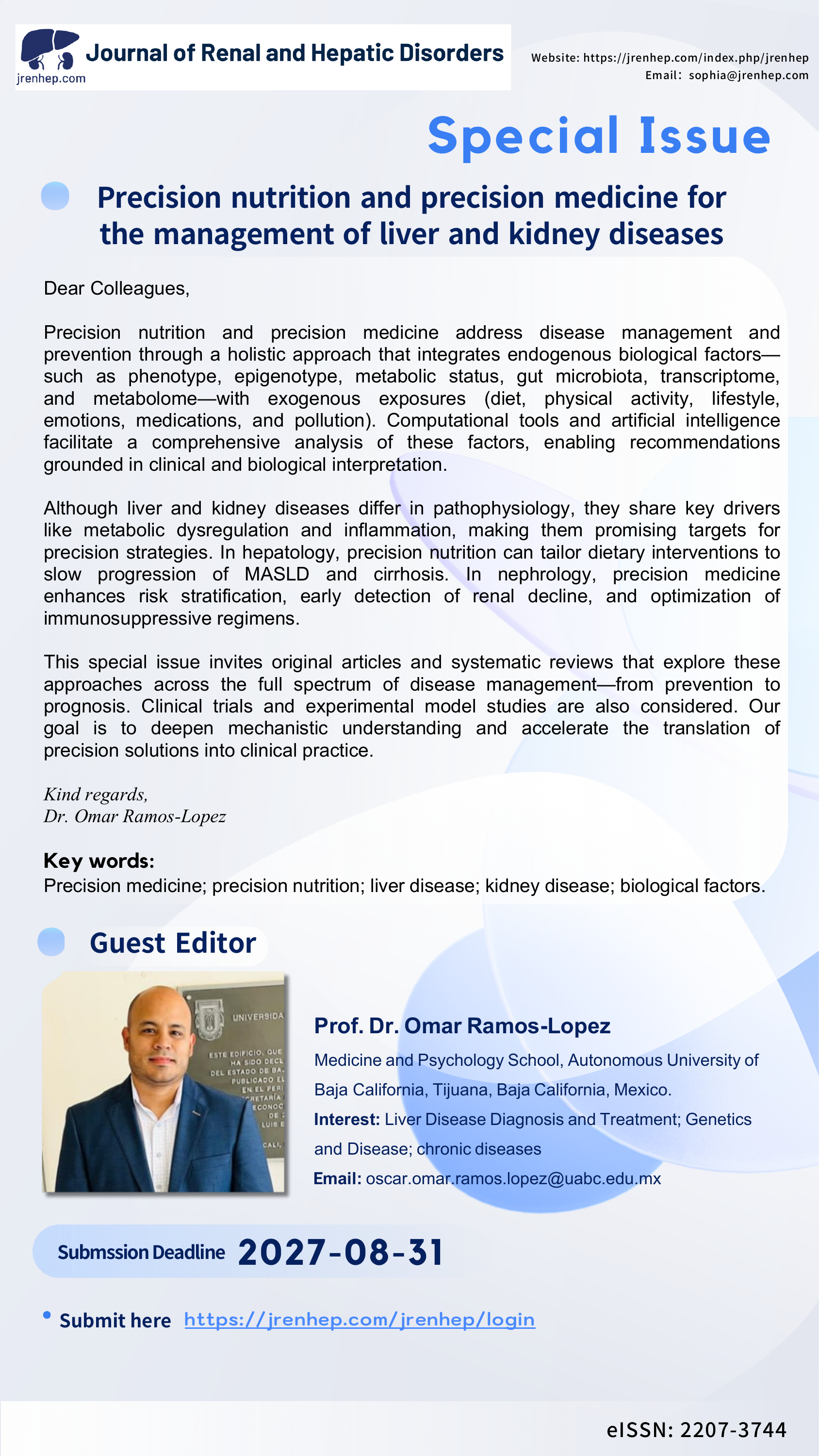 Flyer for the special issue on precision nutrition and precision medicine for liver and kidney diseases